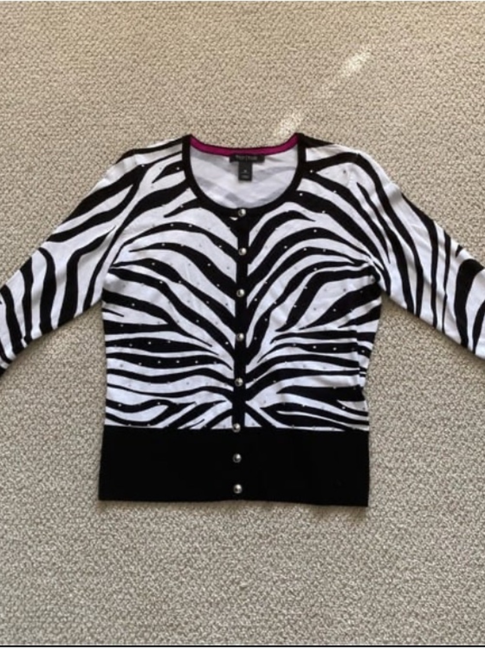 White House Black Market Zebra Print Cardigan Bejeweled Size Medium Stretch EUC